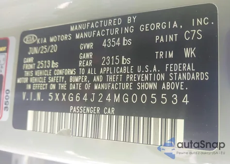 2021 Kia K5 Gt-Line z USA, uszkodzony, nr VIN 5XXG64J24MG005534